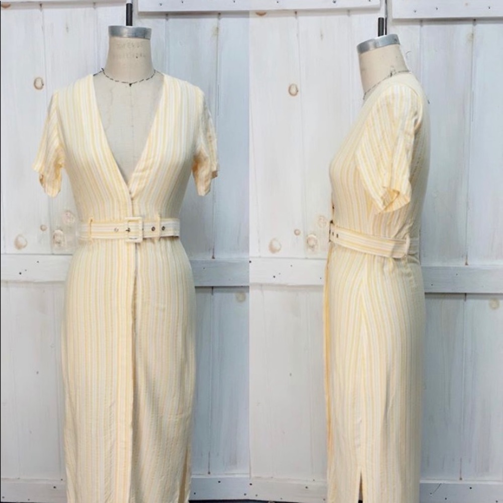 Yellow stripe button down midi dress with belt